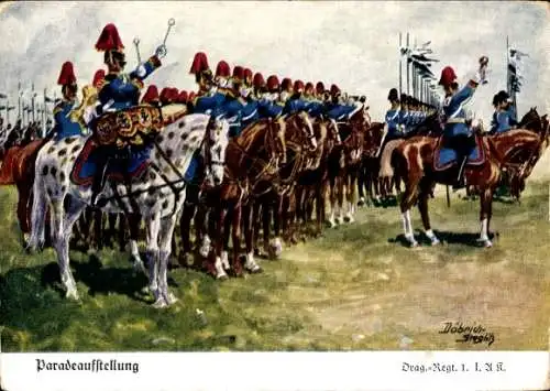 Künstler Ak Döbrich Steglitz, Paradeaufstellung, Dragoner Regiment 1 I. A.K.