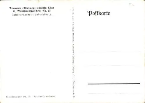 Künstler Ak Döbrich Steglitz, Dragoner Regiment Königin Olga Nr. 25