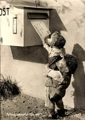 Ak Mecki der Igel, Wann schreibst du mir?, Mecki und Igelkind am Briefkasten