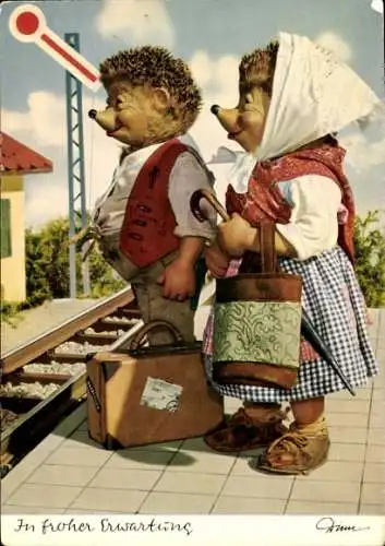 Ak Mecki der Igel, In froher Erwartung, Mecki und Igelfrau am Bahnhof