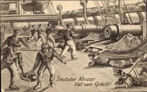 Ak Deutsches Kriegsschiff, Kreuzer klar zum Gefecht, Matrosen, Bordgeschütze, Kaiserliche Marine