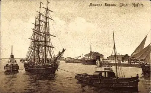 Ak Liepaja Libau Lettland, Hafen, Segelschiff, Schlepper