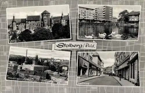 Ak Stolberg im Rheinland, Burg, Industrieanlagen, Steinweg, Schwanenteich
