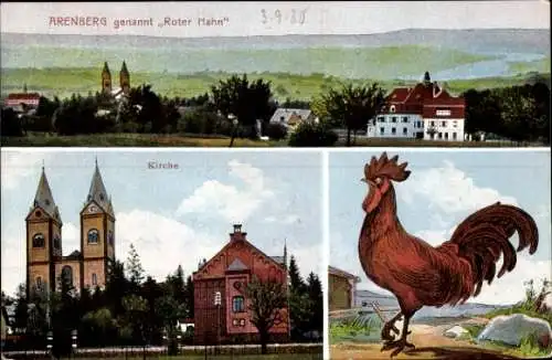 Ak Arenberg Koblenz, Teilansicht, Kirche St. Nikolaus, Roter Hahn