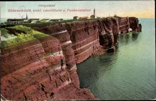 Ak Nordseeinsel Helgoland, Südwestküste, elektrischer Leuchtturm, Funkenstation