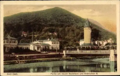 Ak Bad Ems an der Lahn, neues Badehaus und Krähnchen III