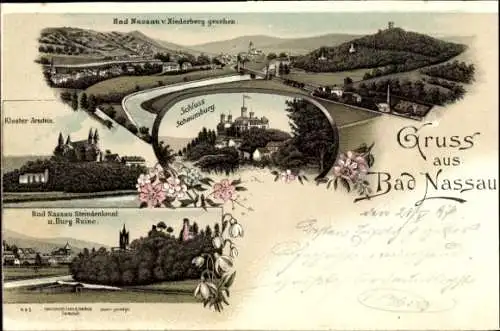 Litho Bad Nassau an der Lahn, Steindenkmal, Burg-Ruine, Kloster Arnstein, Schloss Schaumburg