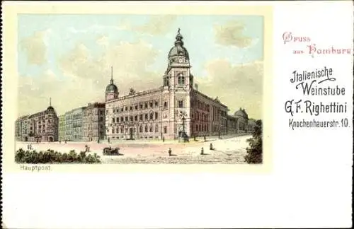Litho Hamburg, Italienische Weinstube, G.F. Righettini, Knochenhauerstraße 10, Posthof, Hauptpost