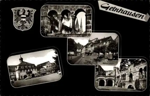 Ak Gelnhausen in Hessen, Wappen, Rathaus, Markplatz, Kirche, Torbögen