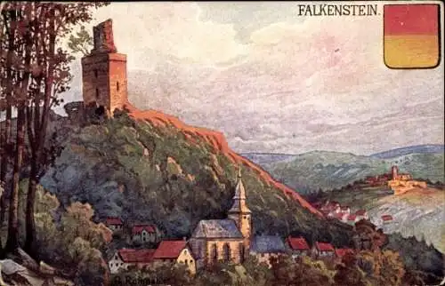 Künstler Ak Rothgeb, G., Falkenstein Königstein im Taunus, Burg vom Stammschloss der Nürings, Wappen