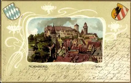 Präge Wappen Ak Nürnberg, Blick zur Burg, Hausdächer