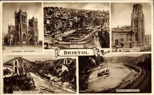 Ak Bristol Südwestengland, Kathedrale, University Tower, Clifton Suspension Bridge