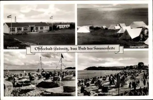 Ak Ostseebad Grömitz in Holstein, Gaststätte, Campingplatz, Strand, Promenade, Bad der Sonnenseite