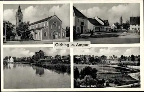 Ak Olching Oberbayern, Kirche, Teilansicht, Speedway-Bahn