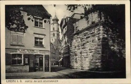 Ak Lindau am Bodensee Schwaben, Heidenmauer, Geschäft Karl Jakob, Turm