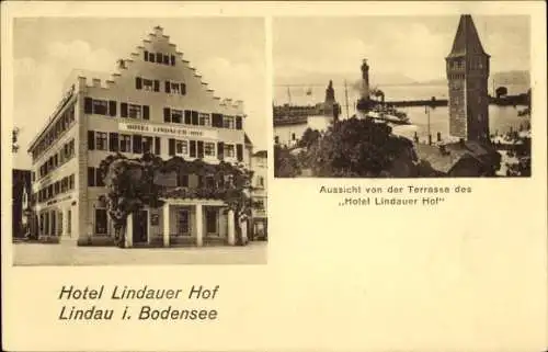 Ak Lindau am Bodensee Schwaben, Hotel Lindauer Hof, Hafeneinfahrt, Leuchtturm