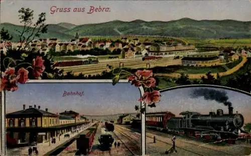 Ak Bebra an der Fulda in Hessen, Ort mit Umgebung, Bahnhof, Dampflok