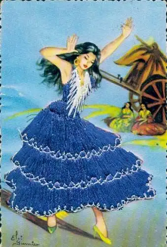 Seidenstick Ak Frau in blauem Kleid, Tänzerin, Furhwerk