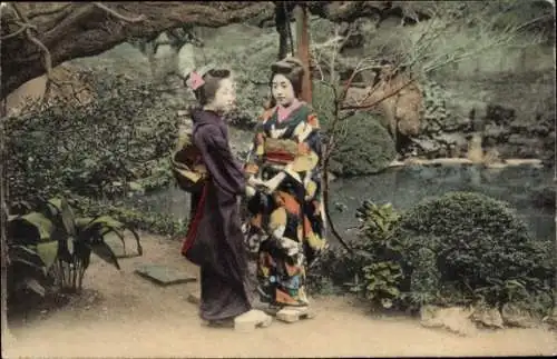 Ak Japan, Mädchen in japanischer Tracht, Garten, Teich