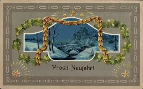 Präge Passepartout Ak Glückwunsch Neujahr, Glücksklee, Brücke