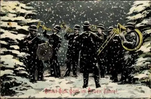 Ak Glückwunsch Neujahr, Musizierende Männer, Tannenbäume