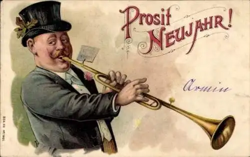 Litho Glückwunsch Neujahr, Musizierender Mann, Trompete