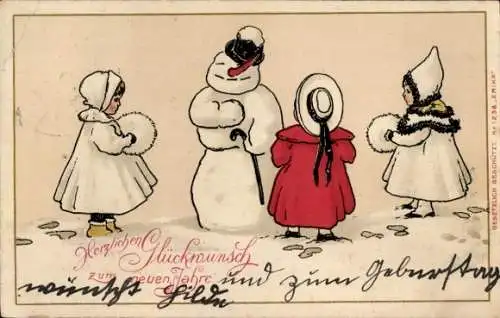 Ak Glückwunsch Neujahr, Mädchen, Schneemann