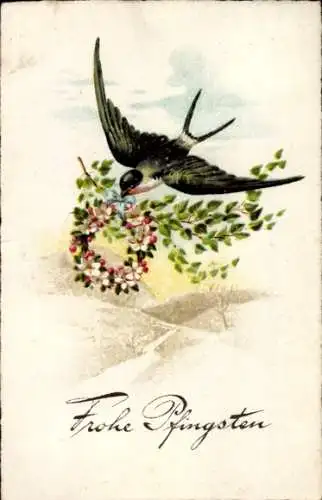 Ak Glückwunsch Pfingsten, Schwalbe, Blumen