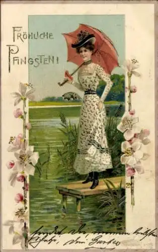 Litho Glückwunsch Pfingsten, Frau am Wasser, Sonnenschirm, Blumen