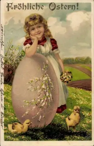 Präge Litho Glückwunsch Ostern, Mädchen, Ei, Küken