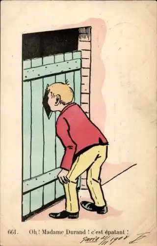 Ak Neugieriger Mann beobachtet durch ein Loch Frauen in der Umkleidekabine