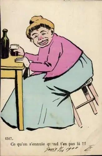 Ak Betrunkene Frau am Tisch, Weinglas, Weinflasche