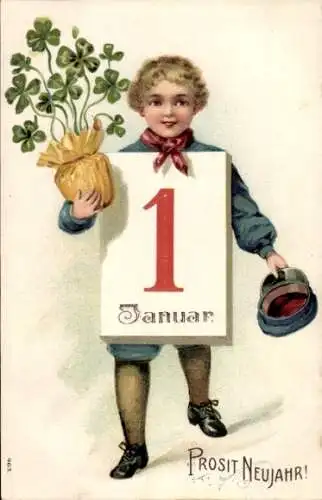 Ak Glückwunsch Neujahr, Junge mit Kalender und Kleeblätter Topf
