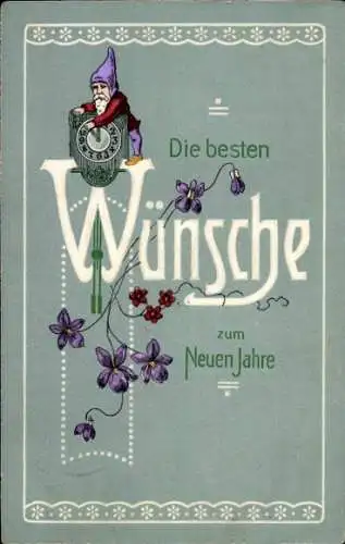 Ak Glückwunsch Neujahr, Zwerg stellt die Uhrzeit ein, Blumen, Uhr