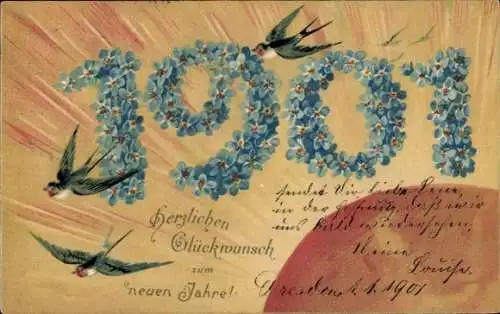 Litho Glückwunsch Neujahr, Jahreszahl 1901, Blumen, Schwalben