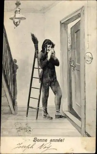 Ak Glückwunsch Neujahr, Schornsteinfeger, Wohnhaus