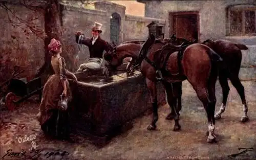 Künstler Ak Pferde an der Tränke, Mann überreicht Frau ein Geschenk