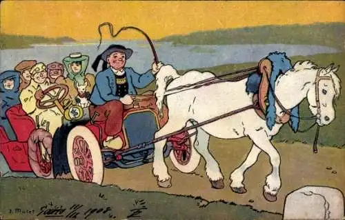Künstler Ak Pferd zieht ein Automobil, Kutscher auf der Motorhaube