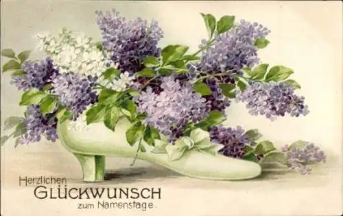 Präge Litho Glückwunsch Namenstag, Damenschuh, Flieder