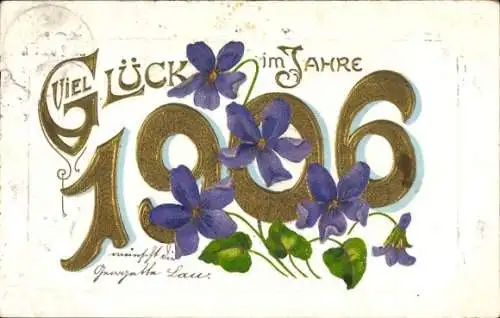 Präge Litho Glückwunsch Neujahr, Jahreszahl 1906, Veilchen