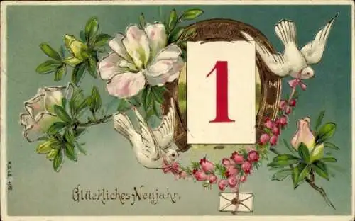 Präge Ak Glückwunsch Neujahr, Hufeisen, Kalenderblatt 1, Tauben