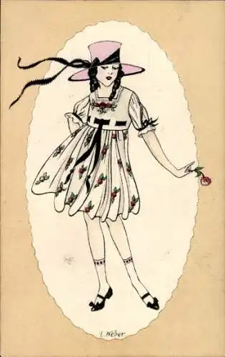 Künstler Ak Weber, E., Mädchen in kurzem Kleid mit Hut