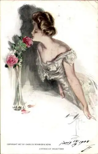 Künstler Ak Fisher, Harrison, American Beauties, Frau riecht an Rosen, Vase