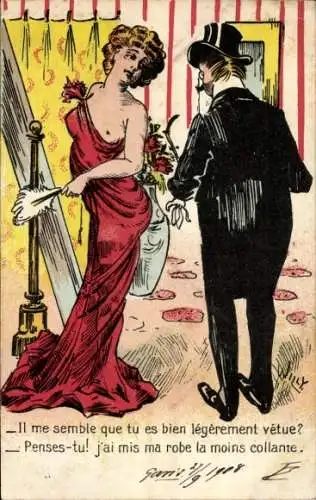 Künstler Ak Willy, Dienstmädchen mit Staubwedel und entblößter Brust