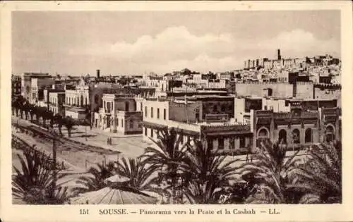 Ak Sousse Tunesien, Panorama in Richtung Postamt und Kasbah