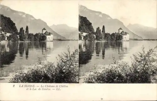 Stereo Ak Veytaux Kanton Waadt, Schloss Chillon und Genfersee