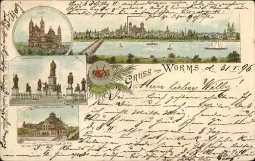 Litho Worms in Rheinland Pfalz, Lutherdenkmal, Dom, Panorama