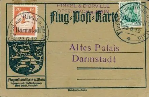 Flugpost Rhein-Main Nr. II PF VI !!! , Sonderstempel Darmstadt, 22.06.1912