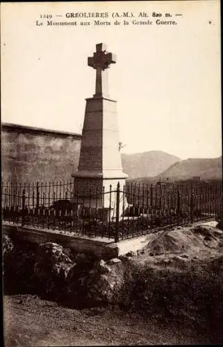Ak Gréolières Alpes Maritimes, Le Monument aux Morts de la Grande Guerre