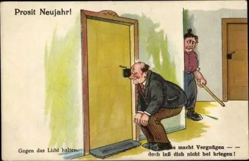 Halt gegen das Licht Ak Glückwunsch Neujahr, Mann schaut durch das Schlüsselloch